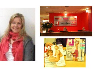 左がレベッカさん、右がM-マガジンのオフィス、下は表紙がアメリアさんのM-マガジン4月号と5月号