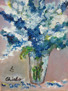 ガラスコップと青いストック